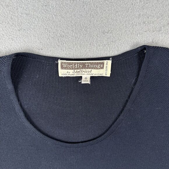 Worldly Things Styltricot‎ Knit Top Women’s 6 Navy Blue Short Sleeve Scoop Neck - Picture 2 of 16